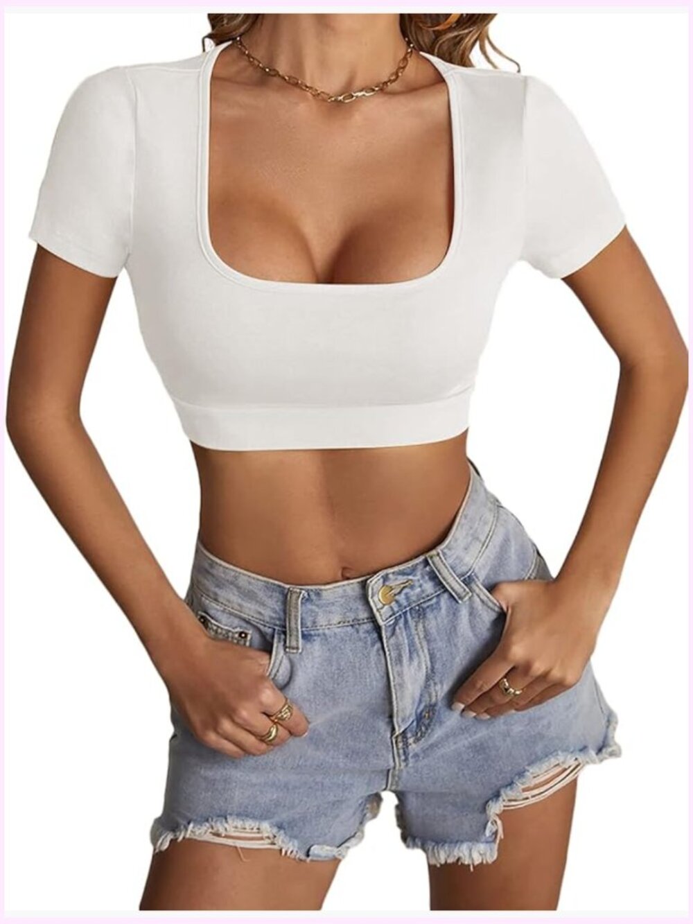 Scoop Neck Crop Top Short Sleeve Fitted Basic Tee Workout Y2K